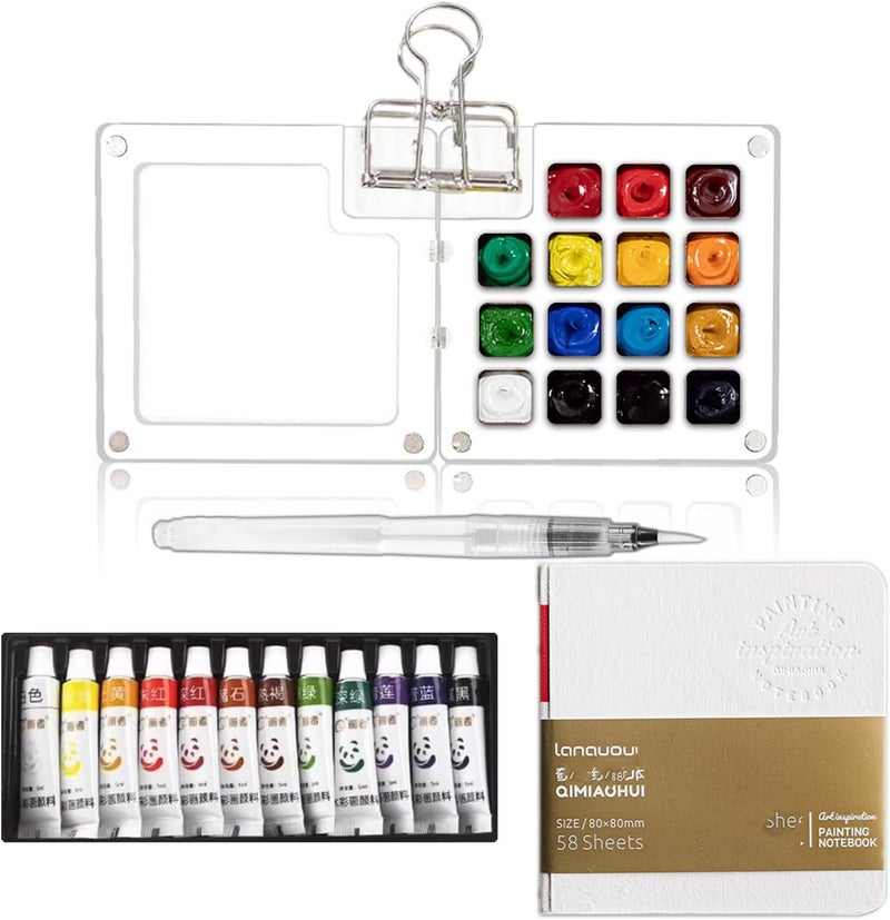 F'DIARY Mini Travel Watercolor Set Pocket Artist Watercolor Travel Set Grid Palette Box Sketch Book With Binder Clips Art Painting Kits For Painters Artists Students - Image 1